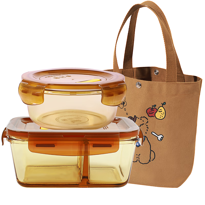 Demasi Heat-Resistant Glass Food Storage Containers, Microwave And Oven Safe Lunch Boxes for Office Workers, 2 Compartments 1060ml + Round 650ml + Bag