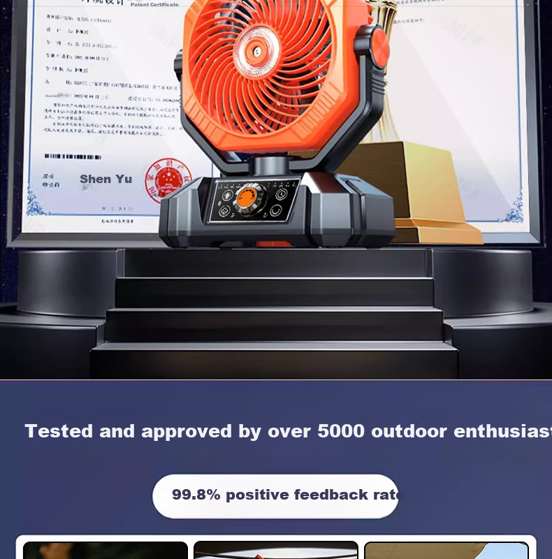 KPD KEEP PURSUING DREAMS Outdoor Rechargeable Camping Fan with Tent Light, Spray Cooling, Large Capacity Battery, USB Wireless Portable Mini Fan for Home And Desktop Use, Orange 9
