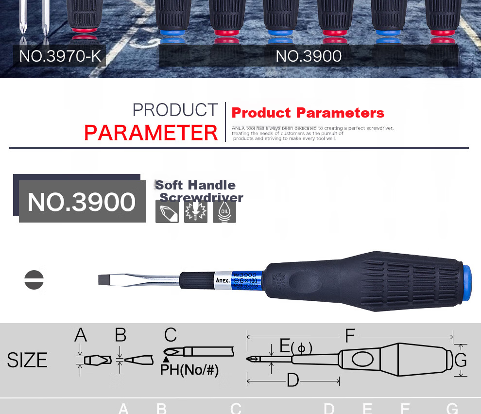 ANEX No.3900 Soft Handle Screwdriver, Flathead Strong Magnetic Screwdriver, Slotted Screwdriver, 6.0X100mm 2