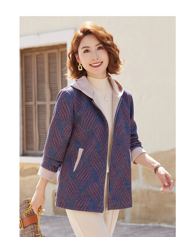 Past Classic Zipper Women's Warm Jacket Hooded Coat for Middle-aged and Elderly Women Autumn Winter Red L 5