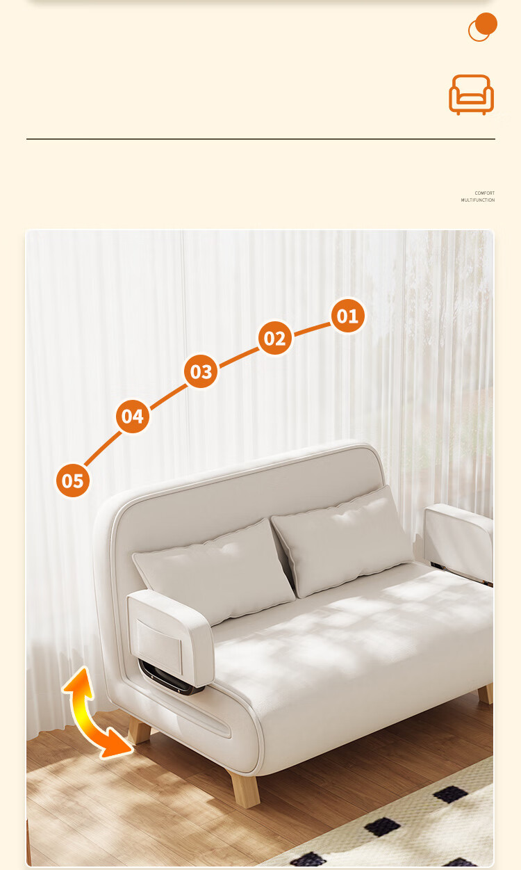 Yupin Sofa Bed Home Living Room Single Double Nap Foldable Sofa Chair Small Sofa S327 Latex Off-White 105 4