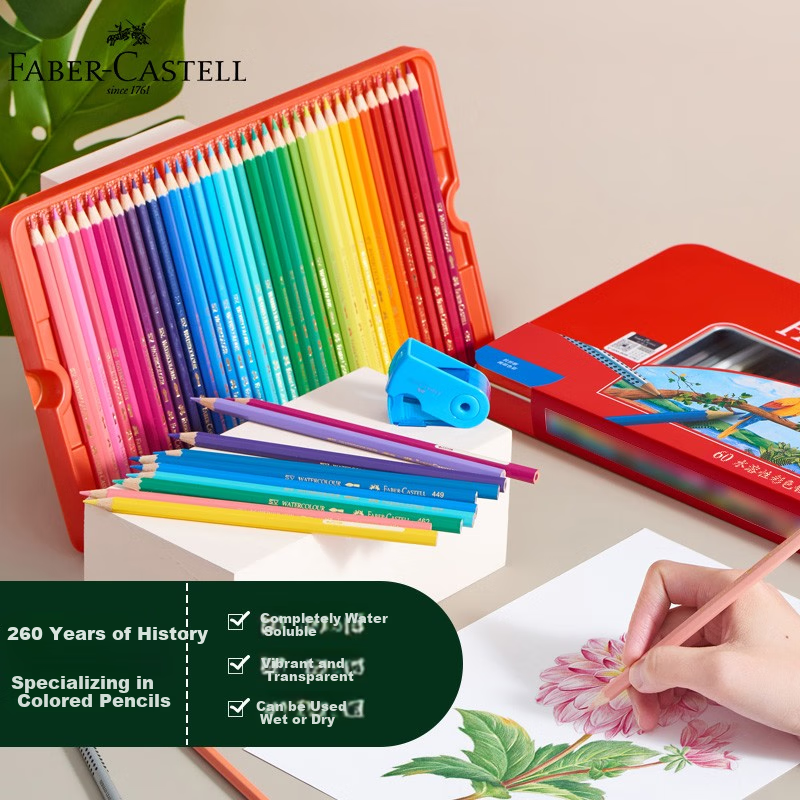 Faber-Castell Water-Soluble Colored Pencils, 60 Colors, Drawing And Coloring Set for Hand-Drawing, Professional Art Supplies for Students, Painting Kit, 115965 Red Tin Box Packaging, Art Sketching