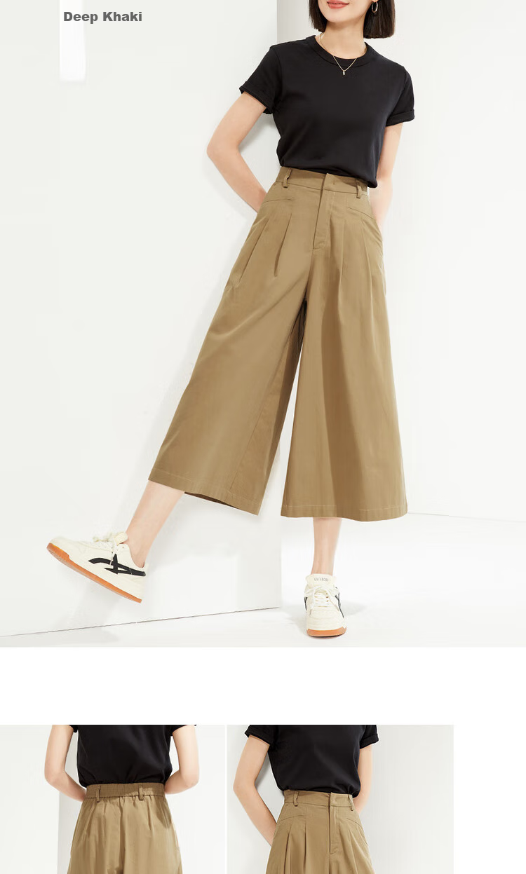 Giordano Women's Cropped Pants, Summer New Style, Pure Cotton Pleated Wide-Leg Pants, Semi-Elastic Waist, Thin Skirt Pants, 05425328 15