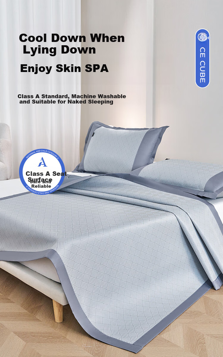 Lao Xijiang Class A Antibacterial Ice Silk Mat Cooling Mat Double Three-Piece Set Lying Bear Blue 180*200 [Machine Washable] 1
