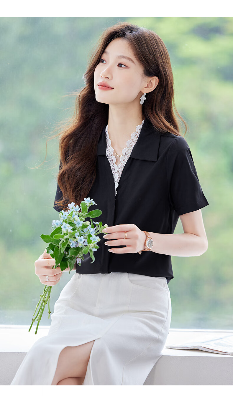 JEANSWEST Women's Summer Short Sleeve Solid Color V-Neck Lace Splice Shoulder Fashion Formal Shirt White L 11