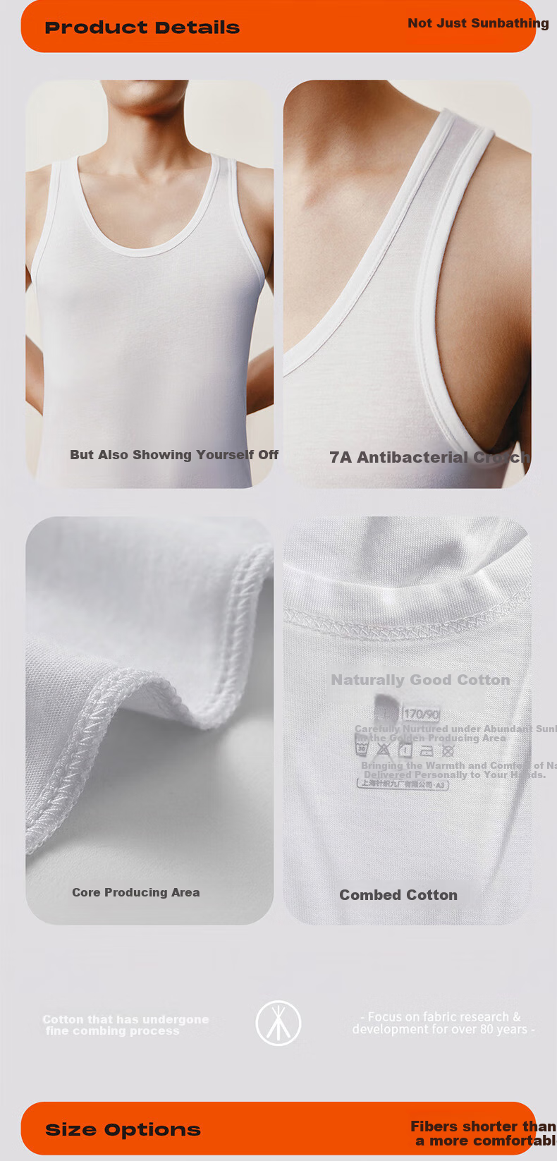 THREEGUN Men's 50S Ice Spring Refreshing Cotton Antibacterial Mite-Resistant Round Neck Stretch Breathable Sports Base Layer Vest 12