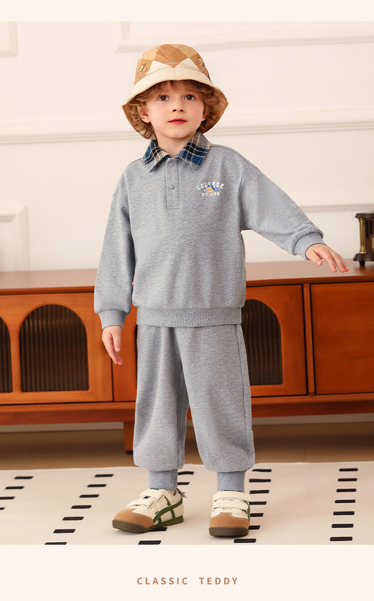 Classic Teddy Boys' Set Children's Sweatshirt and Sweatpants 2-Piece Mid-Child Spring Polo Collar Plaid Outfit Light Gray 130 9