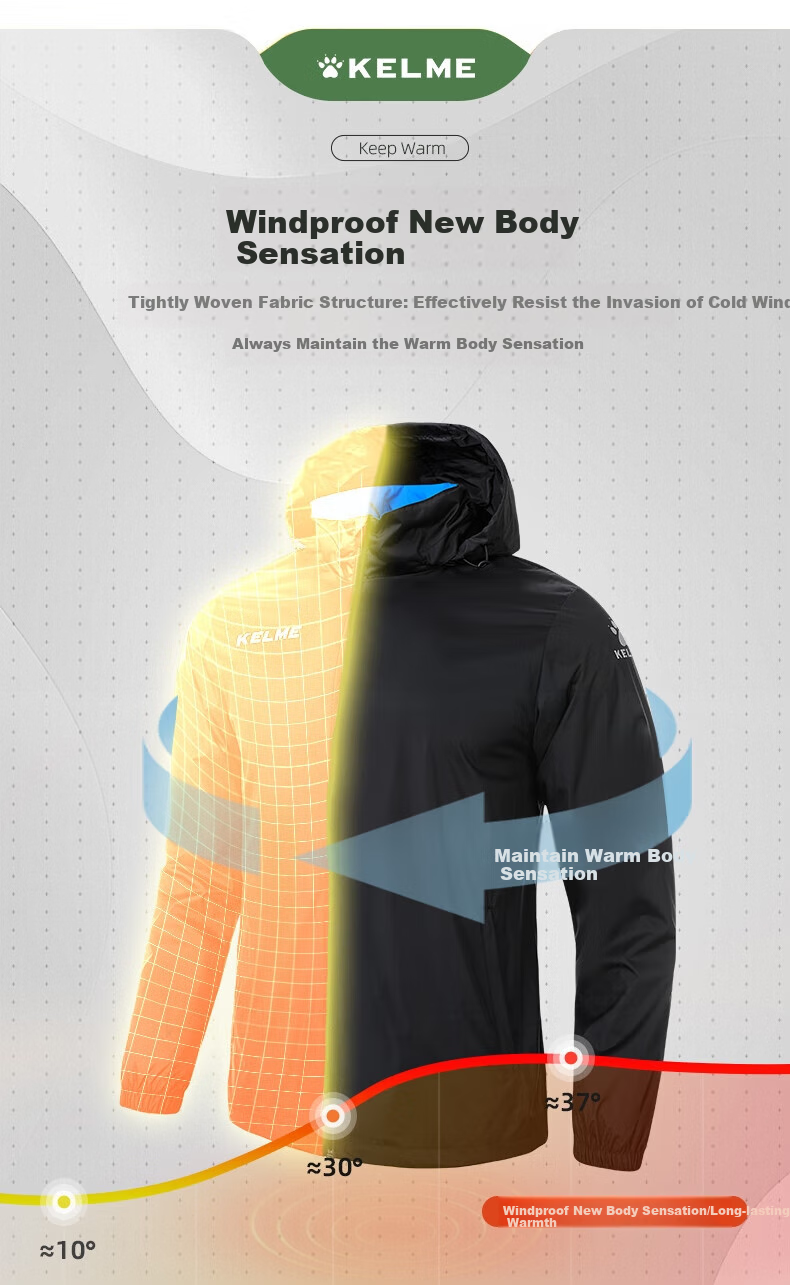 KELME Sports Jacket for Men, Windproof And Water-Resistant Coat, Hooded Football Training Jacket for Men And Women, Light Gray, 4XL 6