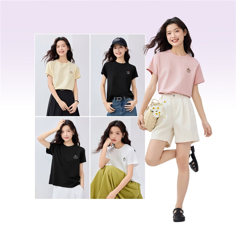 Женская футболка Giordano с коротким рукавом, летняя, 100% хлопок, с вышивкой милого животного, круглый вырез, модель 13325324