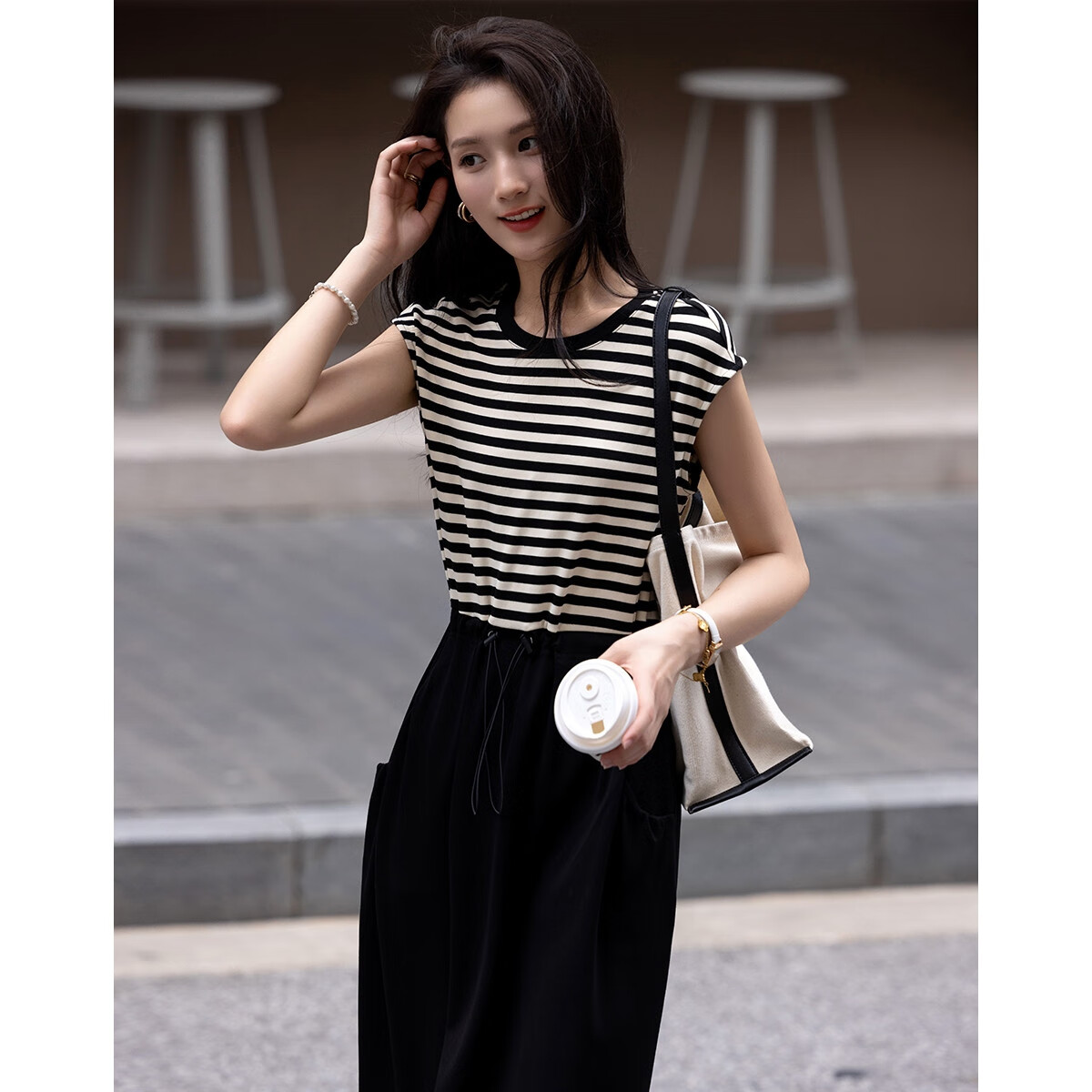 Dme [Striped Variations] Summer Design-Inspired Patchwork Waist-Adjustable Comfortable Slimming Midi Dress for Wome