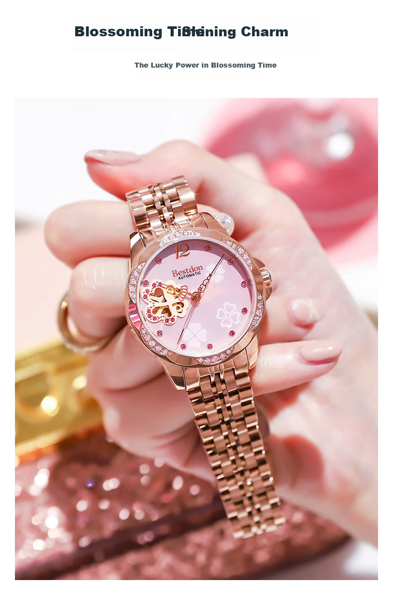 Bestdon Women's Mechanical Watch, Skeleton Four-Leaf Clover with Diamond Inlay Wristwatch Gift Box for Women, Present for Goddess 3