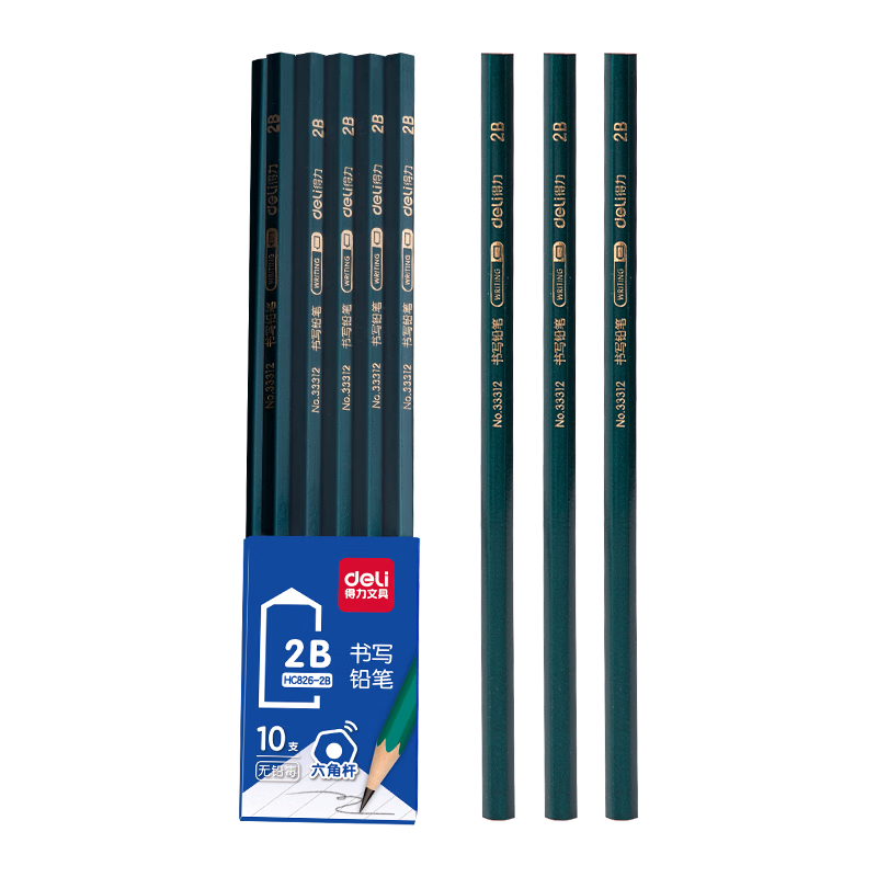 Deli Classic Green Handle, 10 Pcs 2B Pencils, Natural Wood Hexagonal Barrel, Student Exam Sketching Drawing Pencil, Writing Practice Pen, HC826-2B, Back-To Stationery for Students