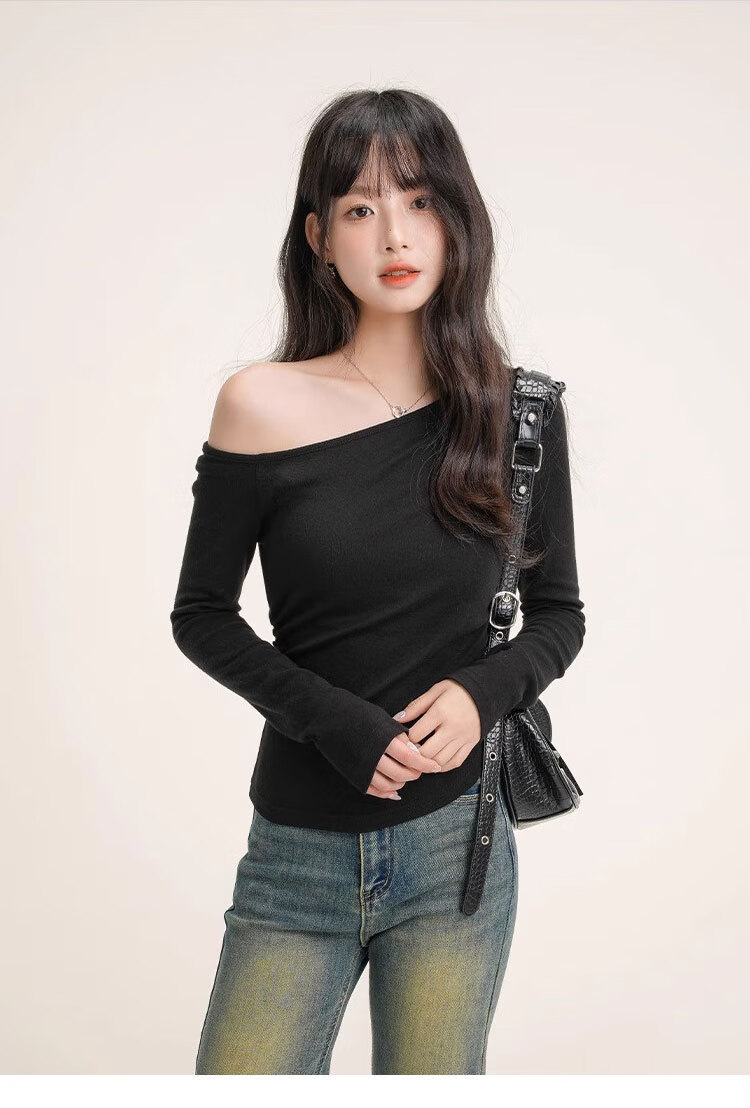 Woodpecker Women's Slant Shoulder Long Sleeve T-Shirt Autumn New Trendy Casual Slim Fit Base Shirt White L 1