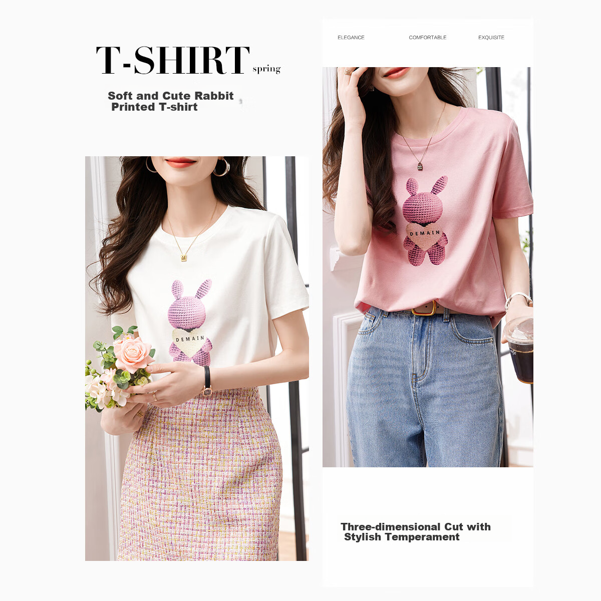 Dme [Fairy Tale Town], Xiayunduo Pure Cotton Rabbit Print, Rhinestone Short-Sleeve T-Shirt for Women, Comfortable And Flattering Women's Tee