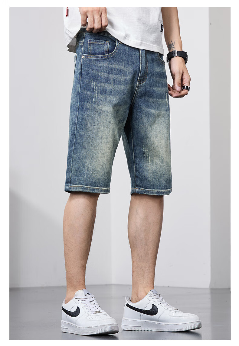 JEANSWEST OUTDOOR Men's Denim Shorts, Casual Mid-Length Pants, Knee-Length Shorts, Men's Summer Wear, Loose-Fitting Outdoor Sports Breathable, Faded Blue, Size 32 16