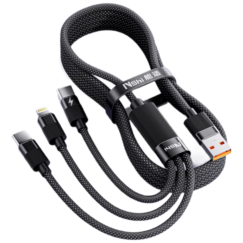 Nengshi Three-In Charging Cable, 100W/88W Fast Charging, One-To Head for Apple IPhone16/15, Huawei, Xiaomi, Type-C, Android Phones, Car Charger, 1.5 Meters