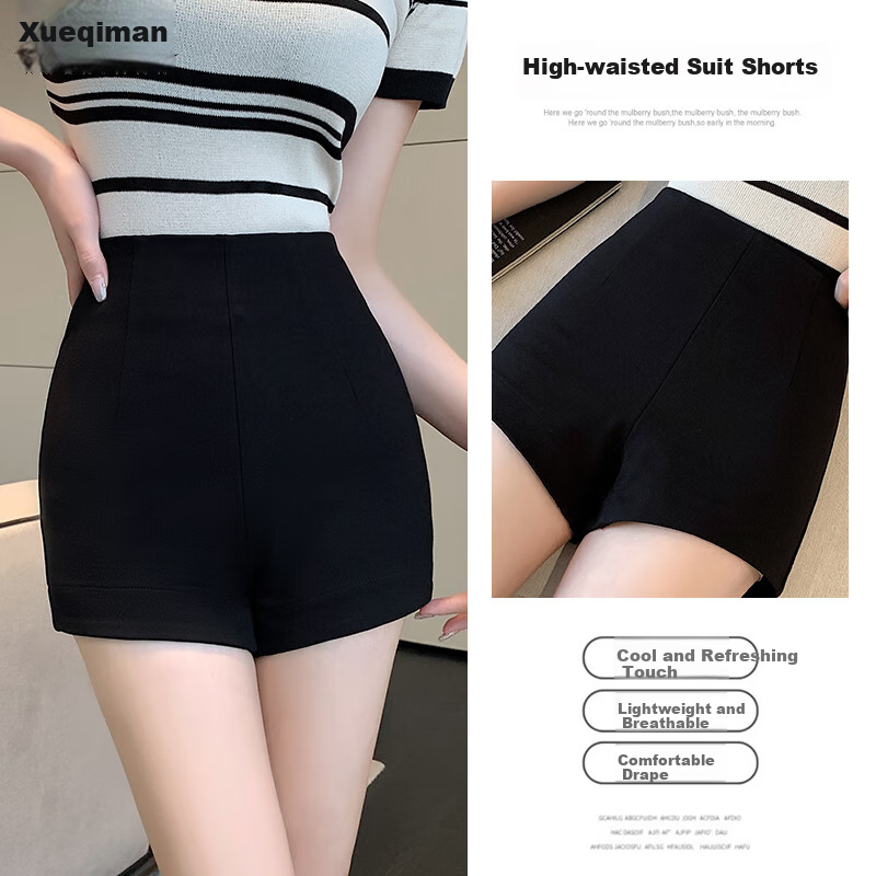 XUEXIMAN Women's Suit Shorts, High-Waisted Casual Pants for Summer Wear, Versatile Slim-Fit A-Line Black Leggings
