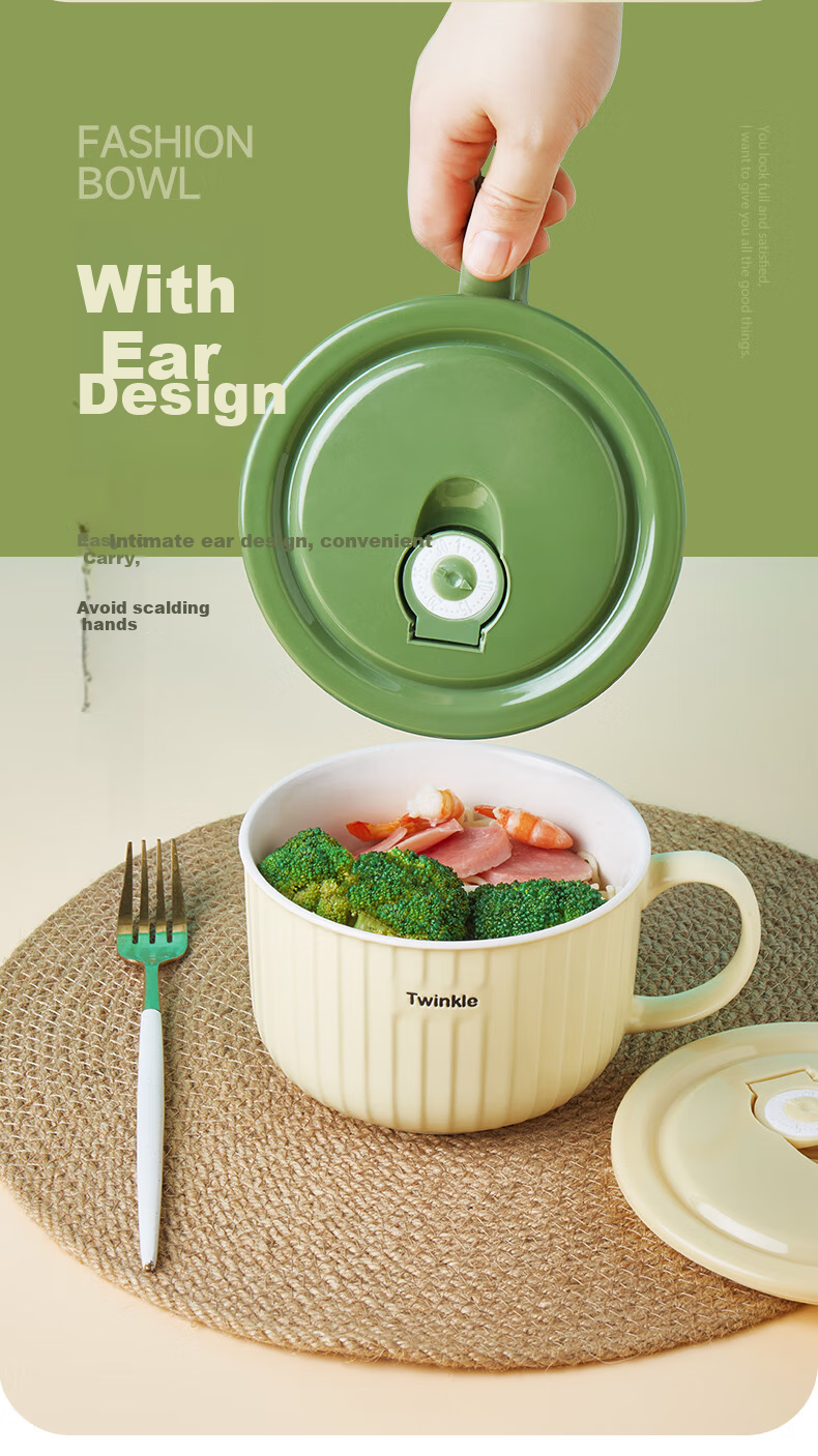 IJARL Ceramic Ramen Bowl with Lid, Student Lunch Box, Noodle Cup, Food Storage Bowl, Soup Bowl, Nordic-Style Ramen Cup in Gree 4