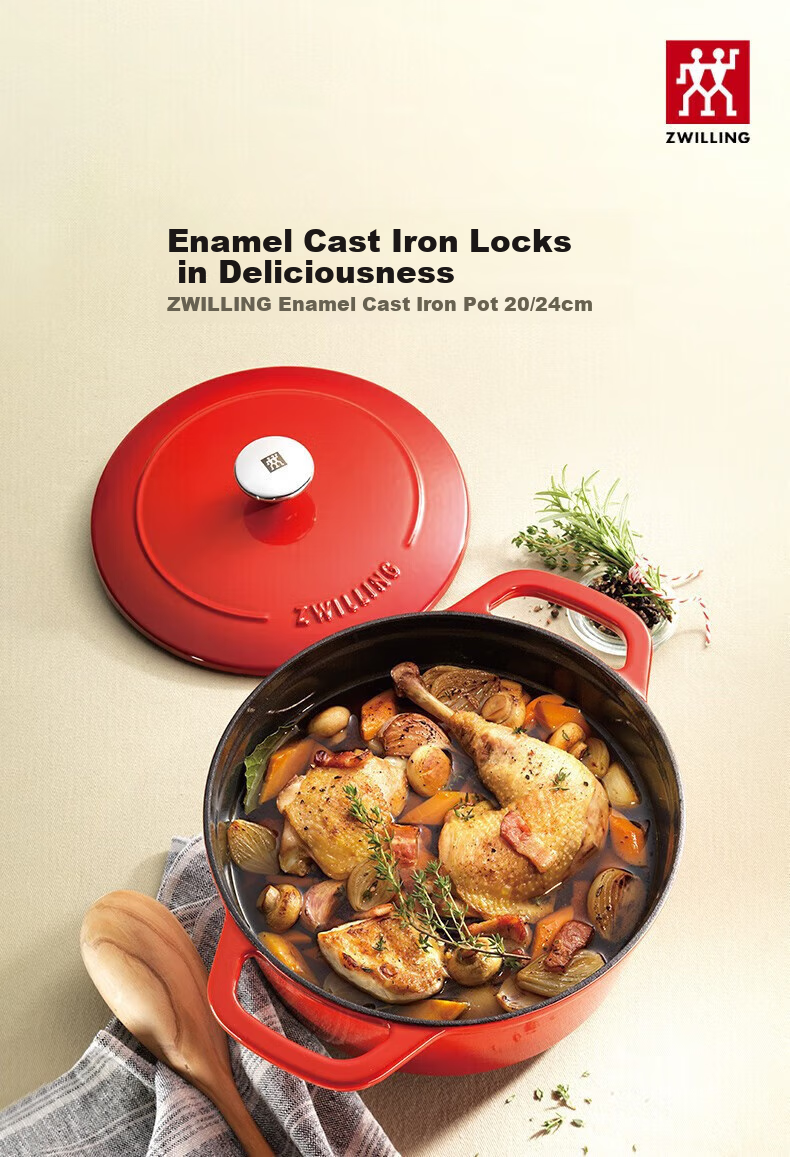 ZWILLING Enamel Pot, Soup Pot, Cast Iron Pot, Round Stew Pot, Soup Cooking Pot, Suitable for Gas And Induction Cookers, Red, 20cm 1