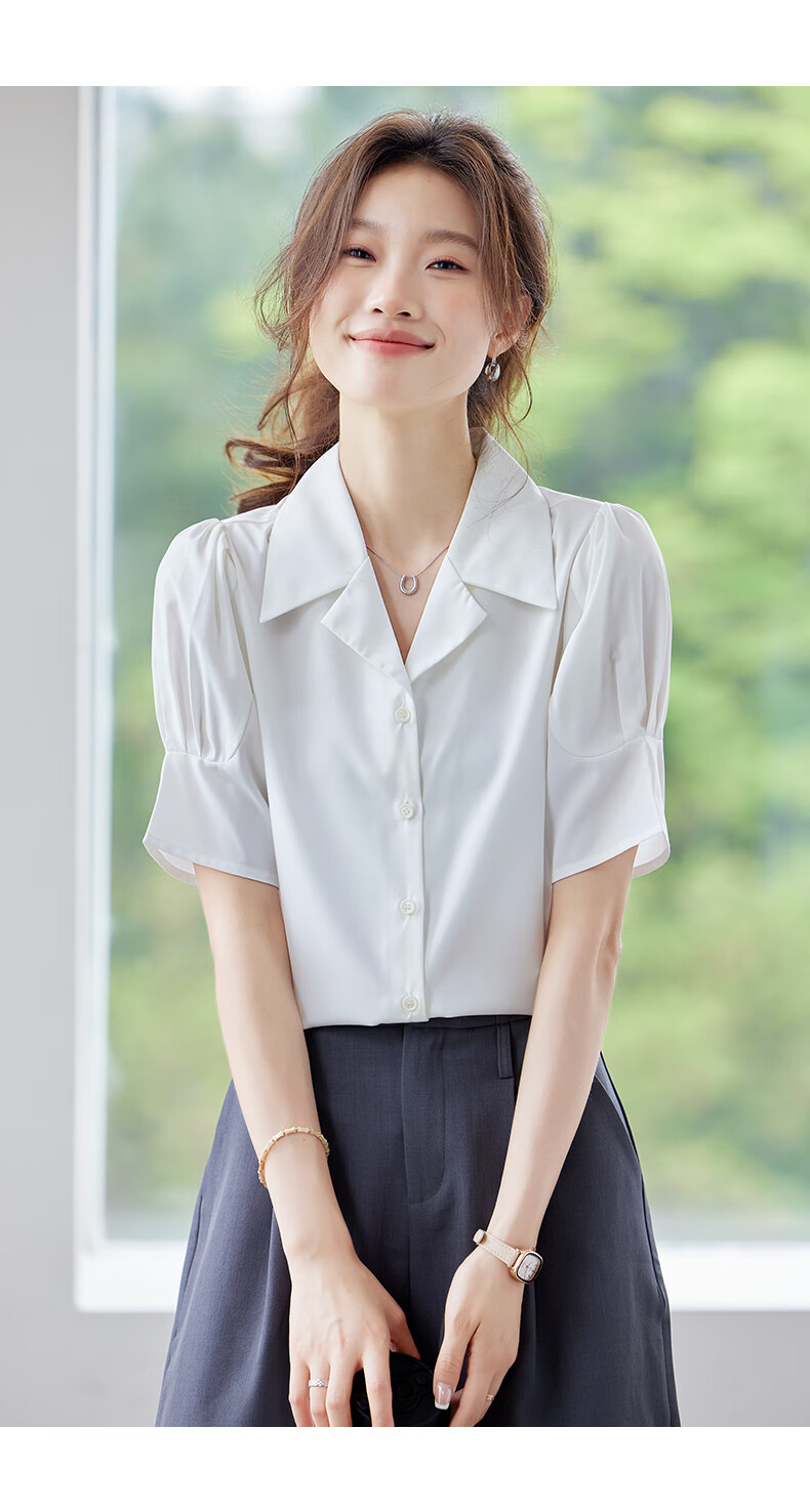 Jeanswest Women's Summer V-Neck Lapel Shirt Stylish Commuter Versatile French-Style Top Blue 2XL 15