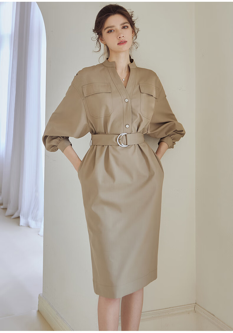 ROEYSHOUSE Waist-Cinching Commuter Dress, 2026 Autumn Collection, Elegant Tie-Waist Midi Skirt 07245, Khaki Green, Size S 8