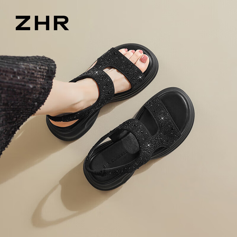 ZHR Women's Thick Sole Casual Sporty Sandals Summer Outdoor Height Increasing 2026 New KY36 Black Size 37