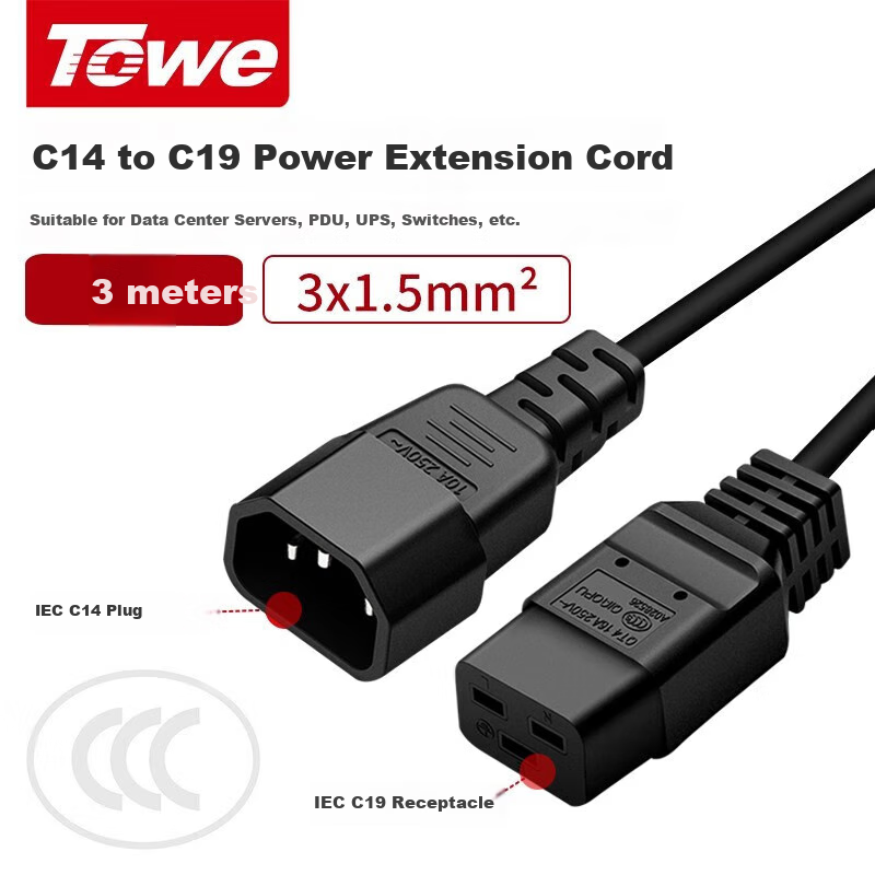 Кабель питания TOWE C14 на C19, 3 метра, 3*1.5 мм², трехжильный удлинитель, TW-F 3M