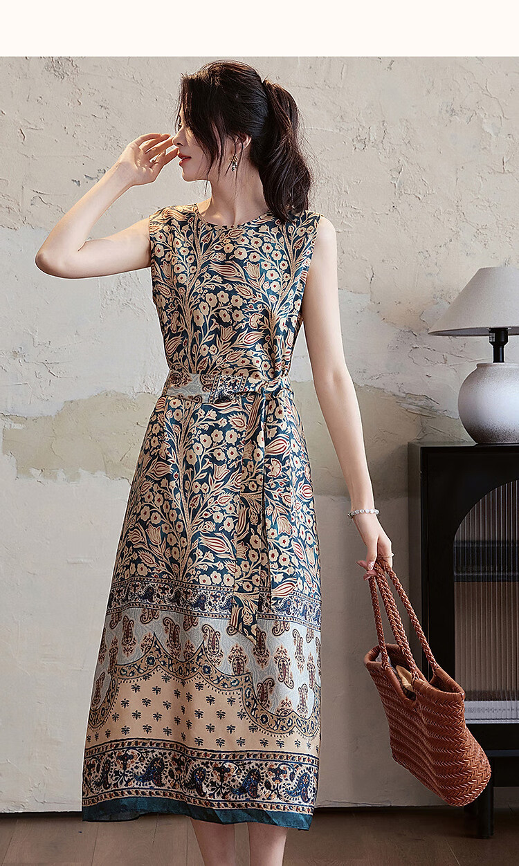 Demana [Silk Story] Summer Luxury 100 Mulberry Silk Beach Dress Round Neck Printed Straight Women's Dress 7