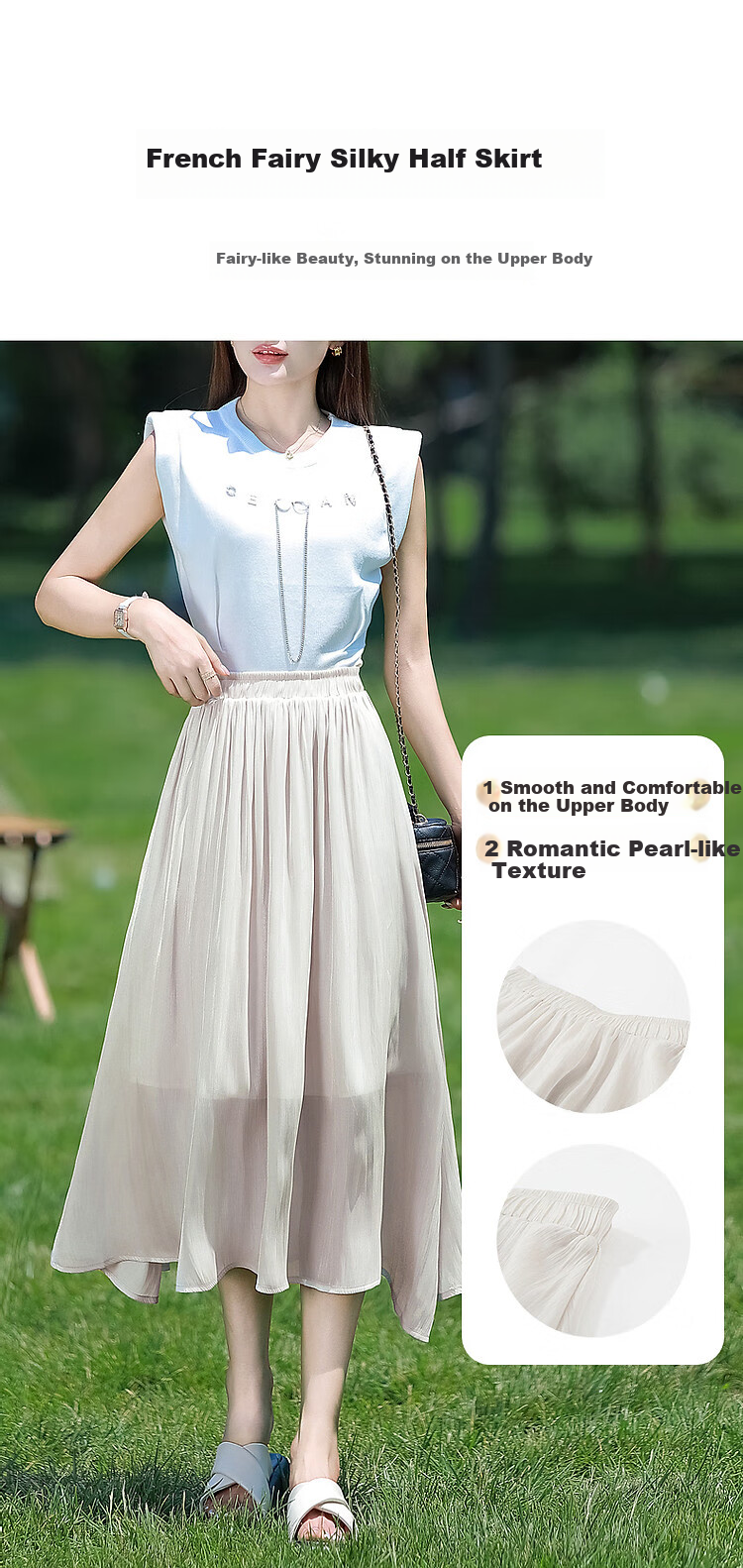 Dme [Pearl Mermaid] Summer French Fairy Smooth And Delicate Elastic Waist Midi Skirt for Wome 2