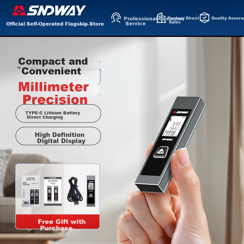 SNDWAY Laser Rangefinder, Infrared High-Precision Electronic Ruler, Rechargeable Room Measuring Device SW-M30A