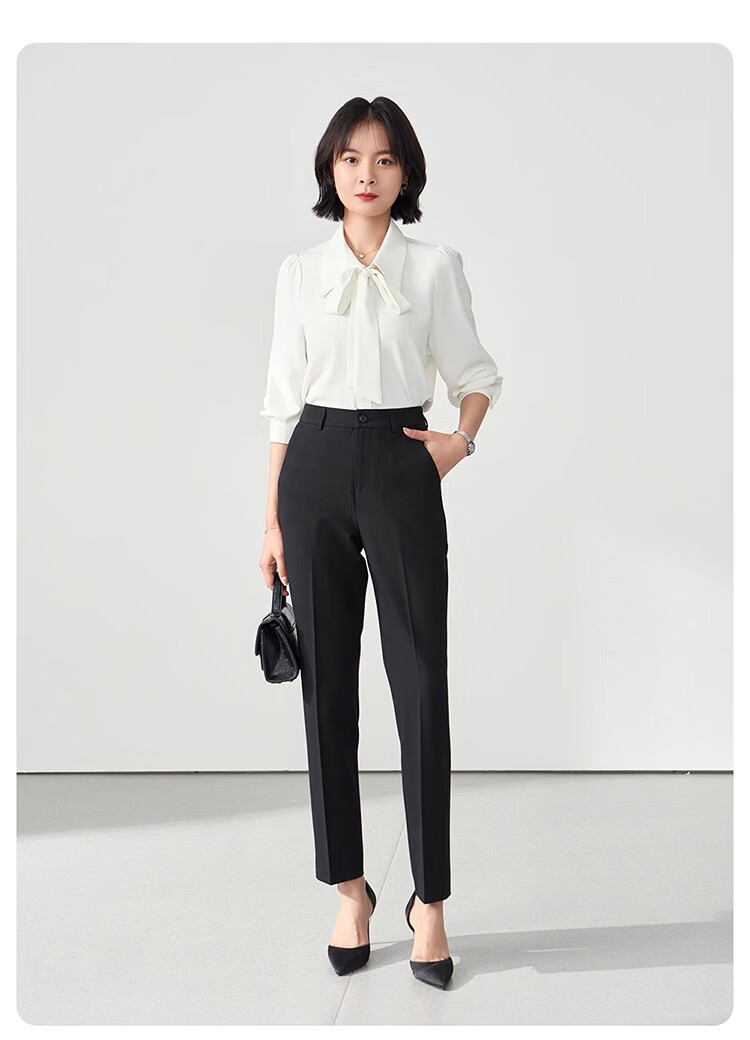 Bodexiaojie Navy Blue Suit Pants for Women, Professional Formal Wear, Interview Straight-Leg Trousers, Petite Cigarette Pants 16
