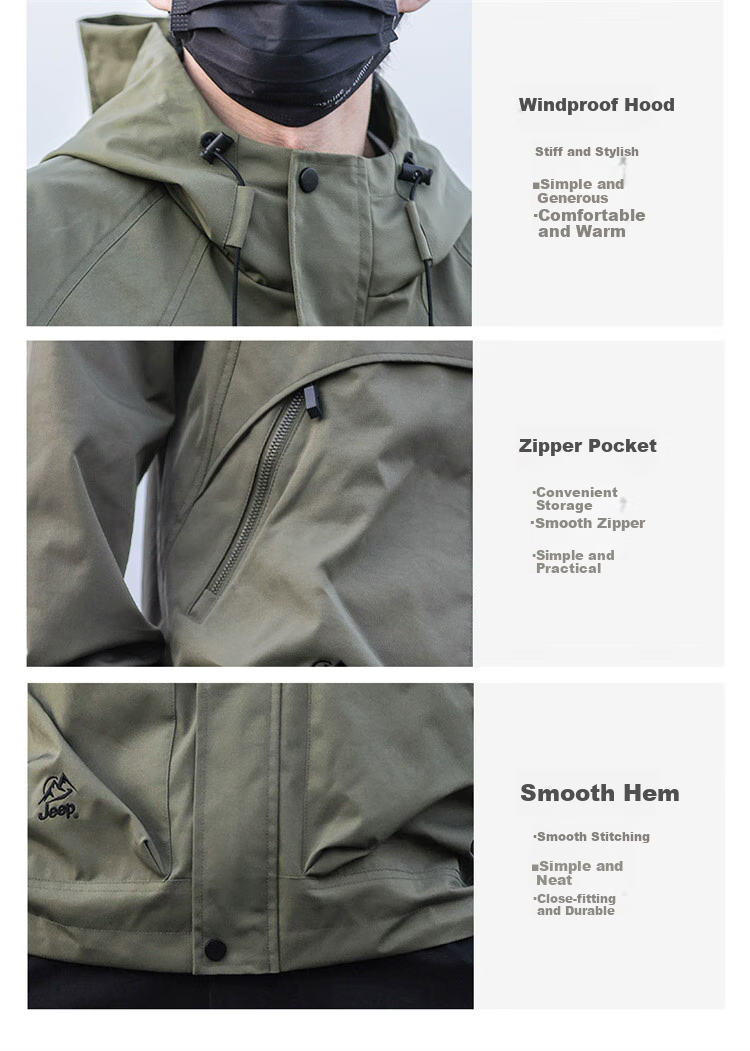 JEEP Men's Jacket, Spring And Autumn Outerwear, Trendy Hooded Windbreaker, Casual Loose Workwear Clothing, Army Green, Size L 3