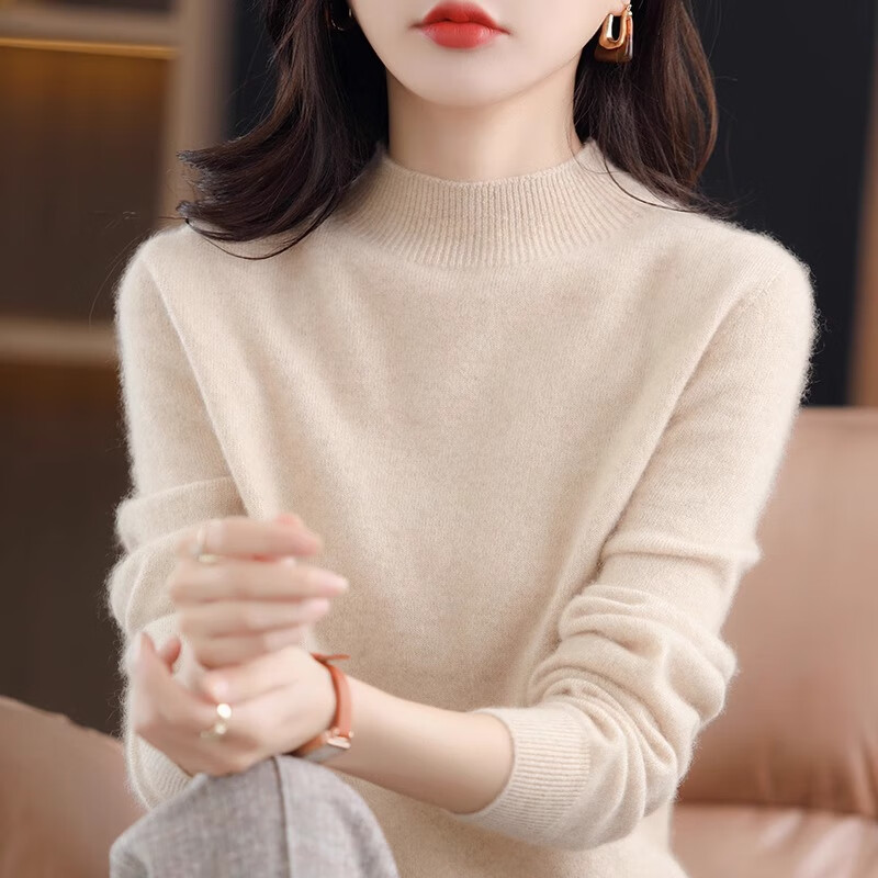 YUZHAOLIN 100% Pure Wool Slim Fit Half Turtleneck Knit Pullover Sweater for Women, Apricot