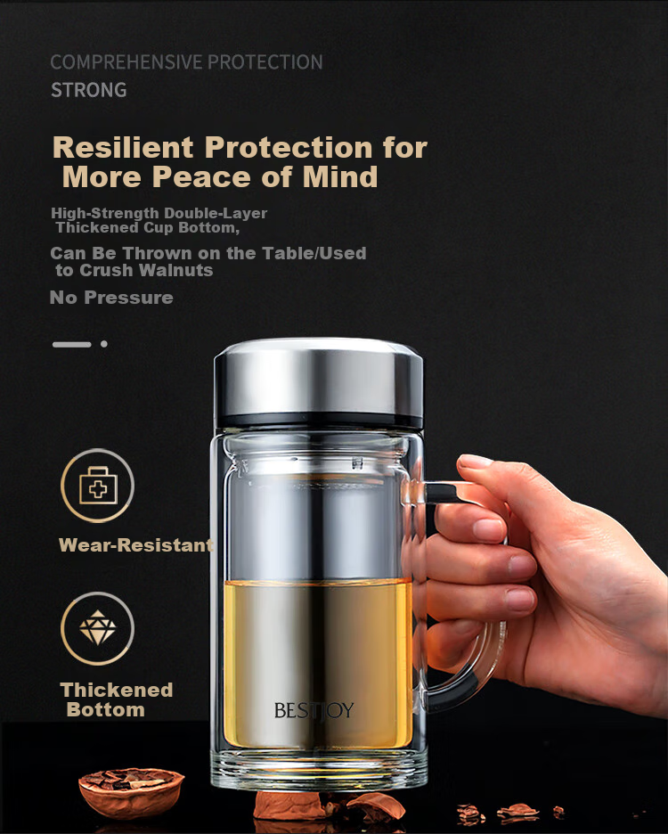 Fuguang Shixi Double-Layer Glass Cup with Handle and Filter, Heat-Resistant Office Mug, Large Capacity 520ml, Black 5