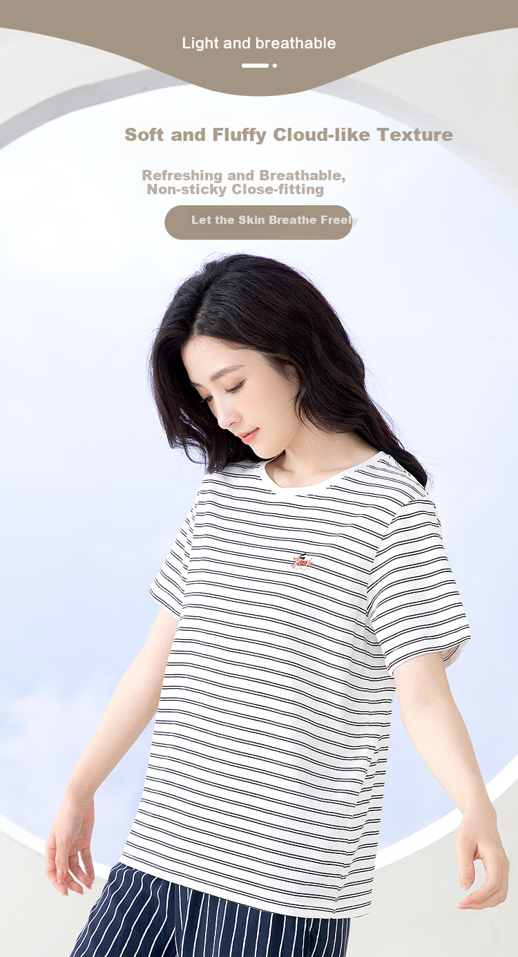 Hodo Women's T-Shirt, Pure Cotton Short-Sleeve Top, Round Neck, Casual Striped Breathable Versatile Undershirt, Black, Baitiao, Size 160 1