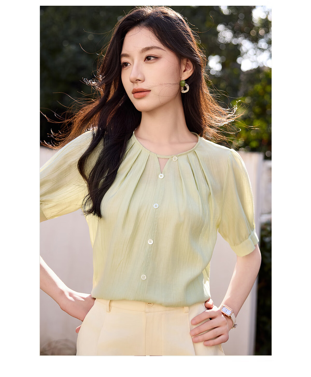 Chushen Summer Women's Short Sleeve Shirt V-Neck Hollow Out Elegant Vacation Style Chiffon Blouse S52X016 15