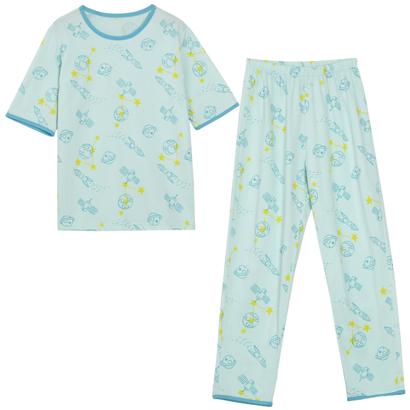 Hodohome Children's Pajamas for Boys, Pure Cotton 7A Antibacterial Short-Sleeve Long Pants Loungewear, Cartoon Air Conditioning Suit for Boys, 201 160