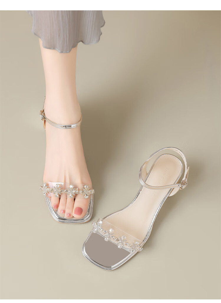 ZHR Zese Women's Summer Elegant Style Chunky Heel Single Strap Sandals French Style Outdoor Shoes KN137 Silver Size 39 13
