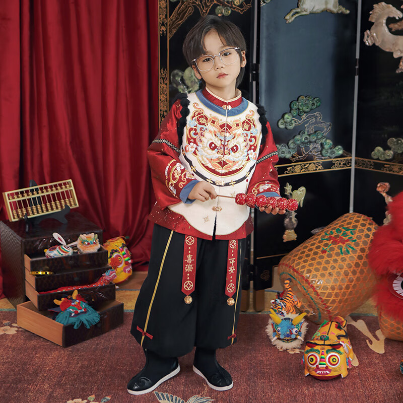 Qibo Boys' New Year Outfit, Winter Visiting Clothes for Children, 2026 New Style Chinese-Style Tang Suit, Golden Lion Blessing Pants, Size 160
