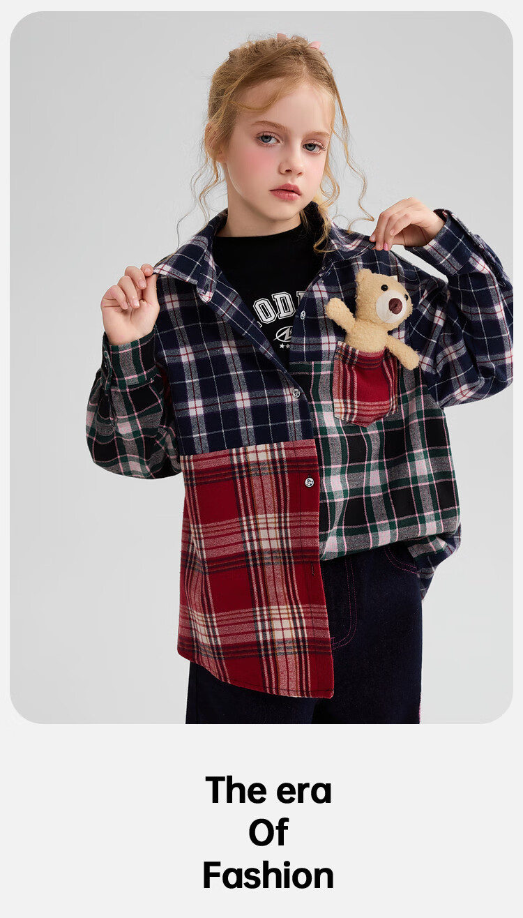 ASK JUNIOR Kids Shirt 2025 Autumn Plaid Brushed Cotton Colorblock Shirt Jacket with Bear Decoration for Girls 5