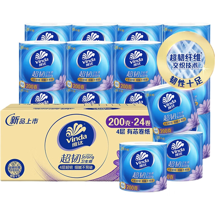 Туалетная бумага Vinda Super Tough, 4 слоя, 200г/рулон, 24 рулона. Ультрапрочная, большая упаковка.