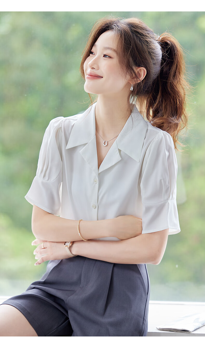 Jeanswest Women's Summer V-Neck Lapel Shirt Stylish Commuter Versatile French-Style Top Blue 2XL 14