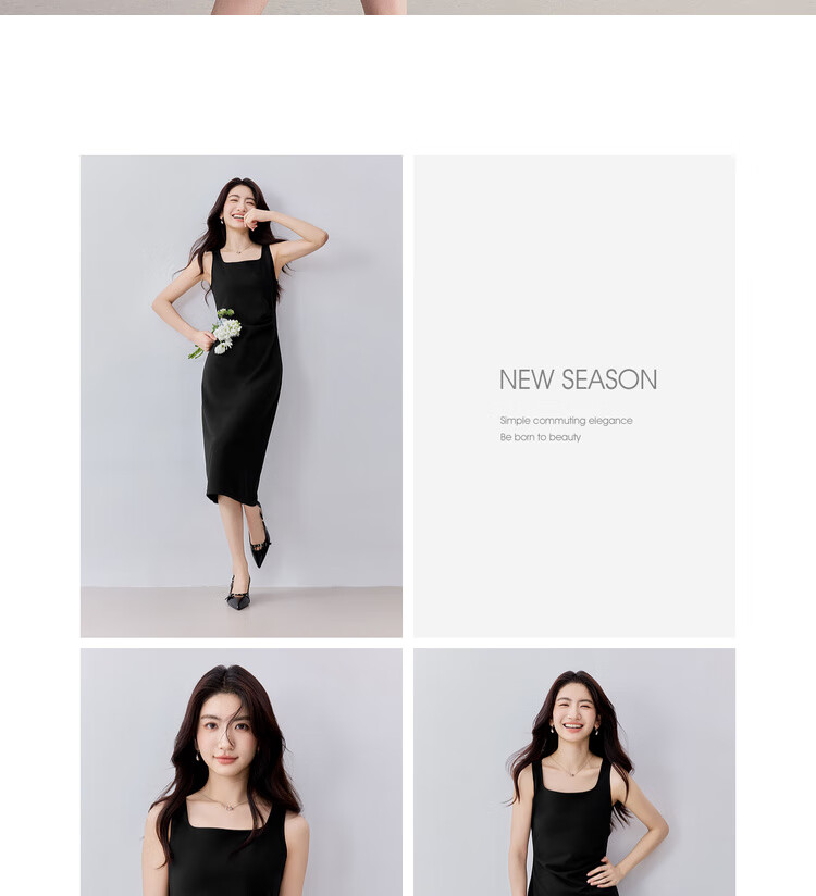 Sentubila Petite Black Square Neck Spaghetti Strap Dress for Women, Summer Elegant Slimming Dress, Concealing Body Shape, Elegant Mid-Length Dress 20