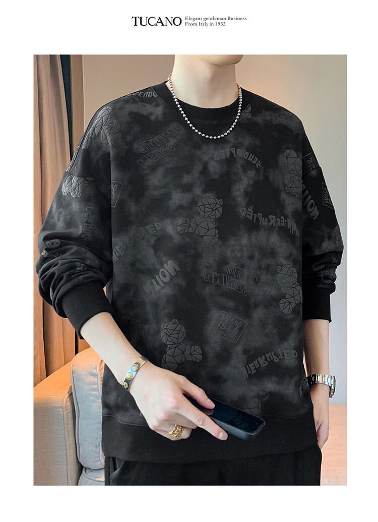 TUCANO Men's Sweatshirt Spring Autumn Loose Fit Crew Neck Long Sleeve Casual Heavyweight Jacket Black 4XL 1