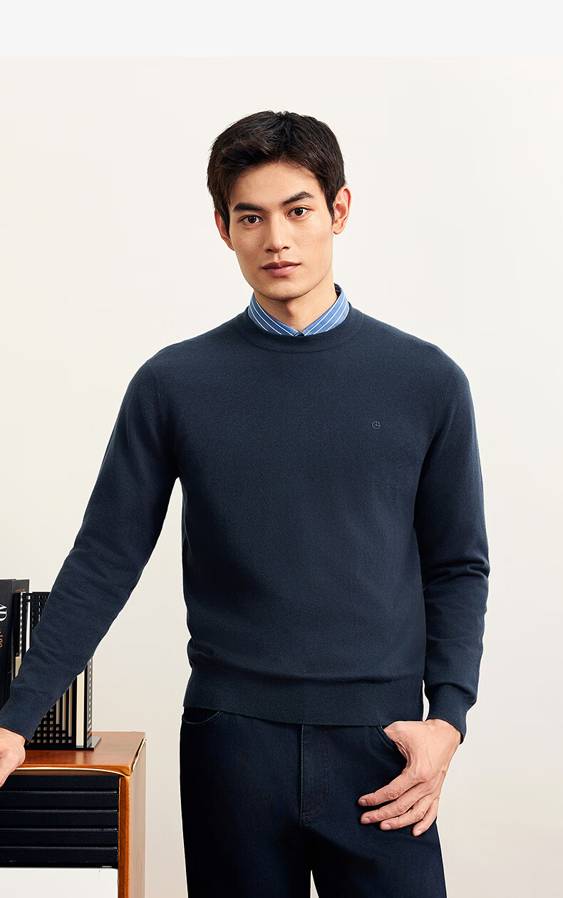 Goldlion [Puff Fleece] Men's Casual Solid Henry Collar Sweater Autumn Winter Long Sleeve Knitwear Dark Blue 2XL 4