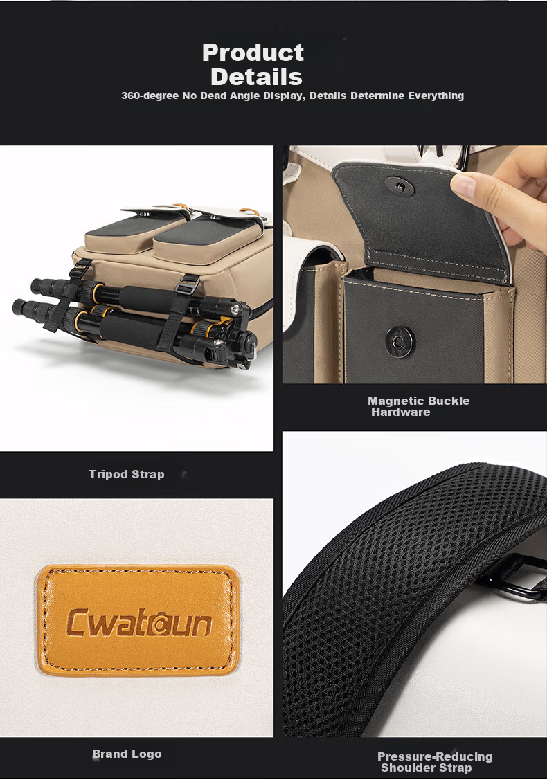 CWATCUN Camera Backpack with Waterproof Top And Bottom Compartments, Side Quick-Access Photography Bag Compatible with Fuji, Canon, Sony, Niko 8