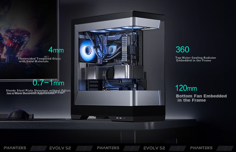 PHANTEKS EVOLV S2 Black Desktop Water-Cooled Computer Case with View Window (20G Type-C/120mm Fans*4/360mm Radiator Support/5090) 4