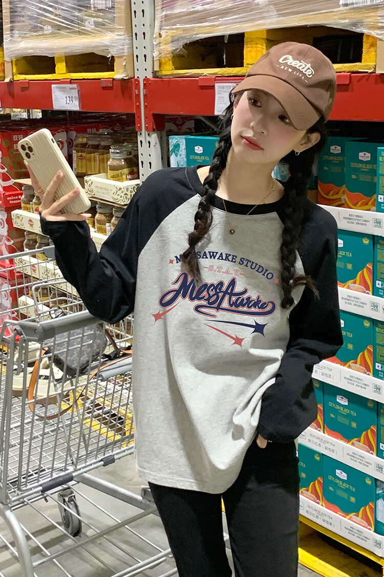 TonLion 2026 Autumn And Winter Long-Sleeve T-Shirt for Women, Round Neck, Raglan Sleeve, Front Chest Lettering, High-End Feel 9