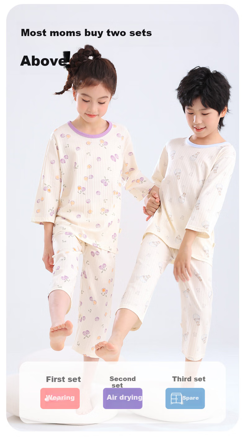 YUZHAOLIN Children's Pajamas Spring Boys And Girls Home Wear Set Cotton Student Air Conditioning Clothes Blue Dinosaur 140 6