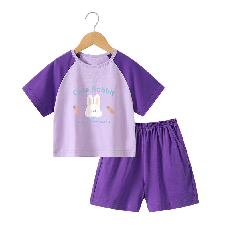Badi Badi Pure Cotton Children's Short Sleeve and Shorts Set Unisex Versatile Stylish Deep Purple Bow Tie Little Rabbit 140